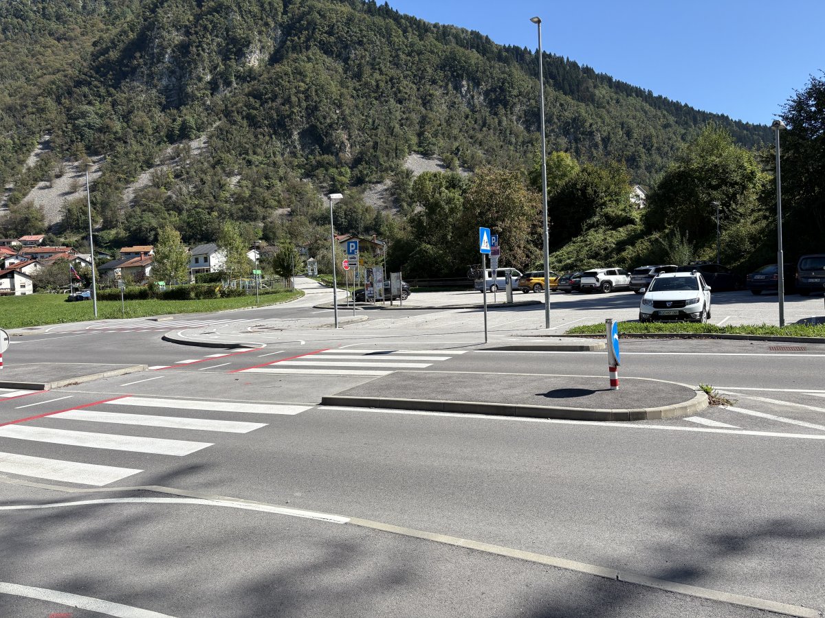 Here is the car park next to the zebra crossing on the main road to Tolmin..