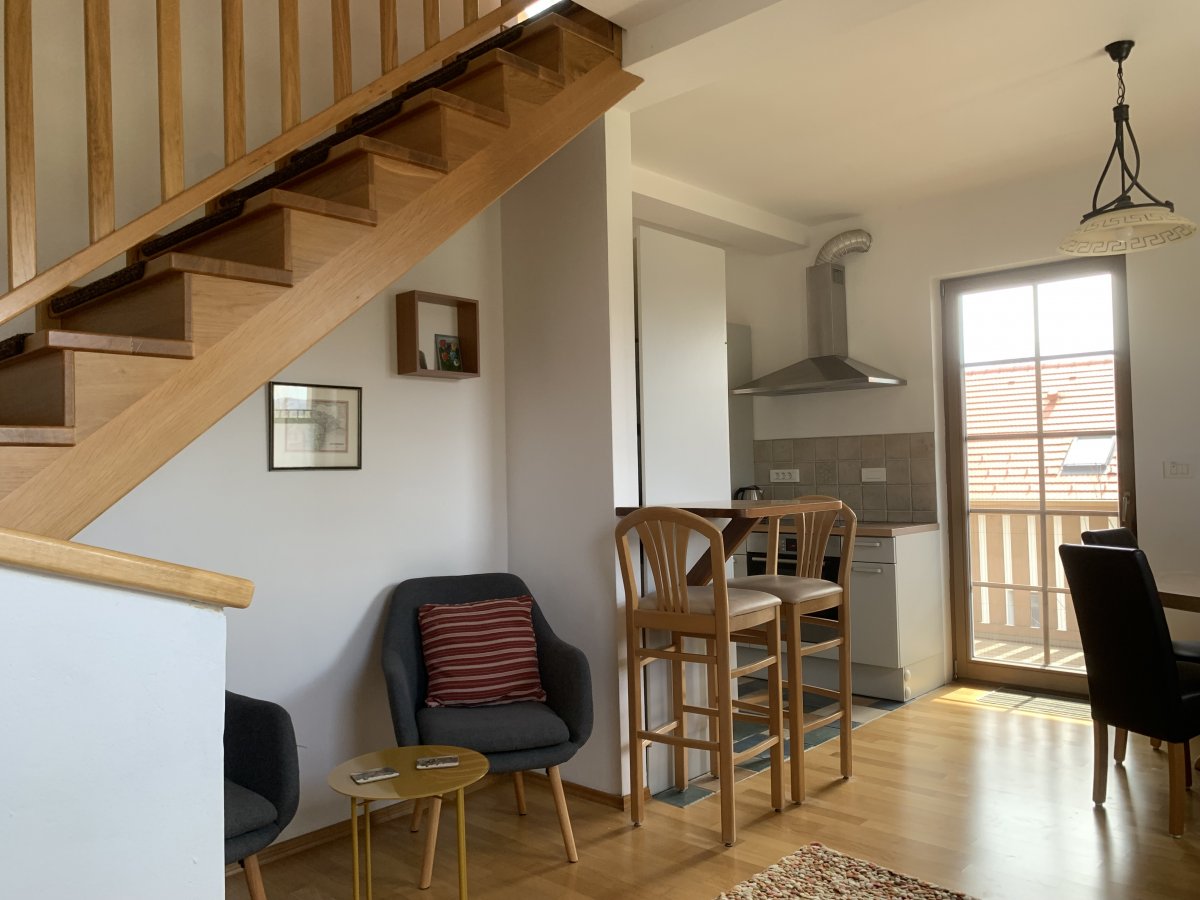 Oak wooden stairs up to the sleeping area.. Oak wooden stairs up to the sleeping area..