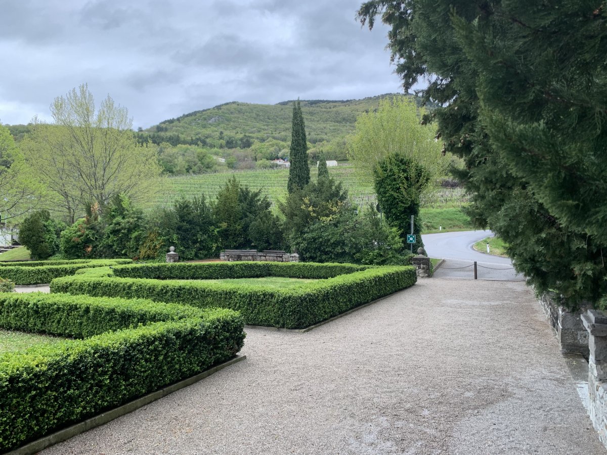 Kromberk castle gardens looking out to hills flooded with vineyards..