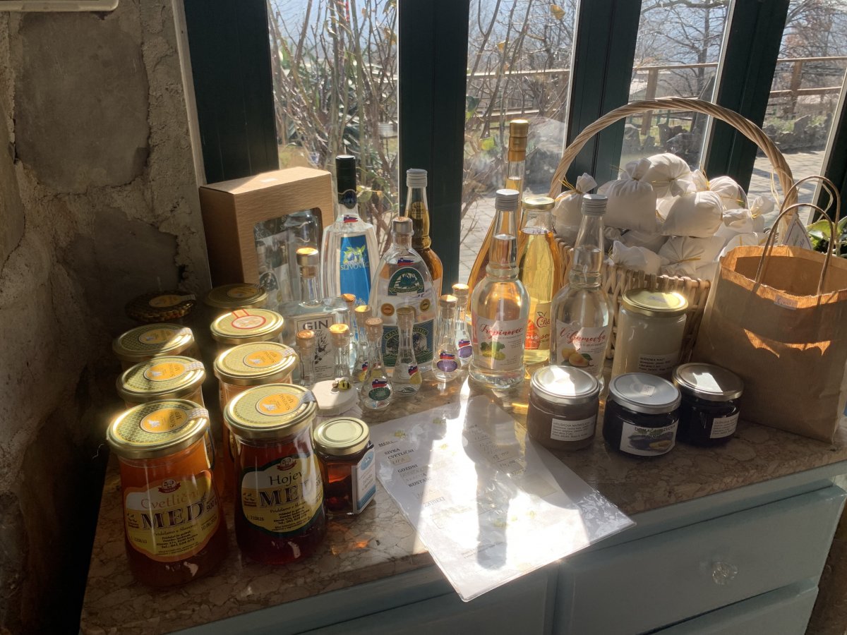 a range of local Brkini products for sale at Pri Filetu, Slope..