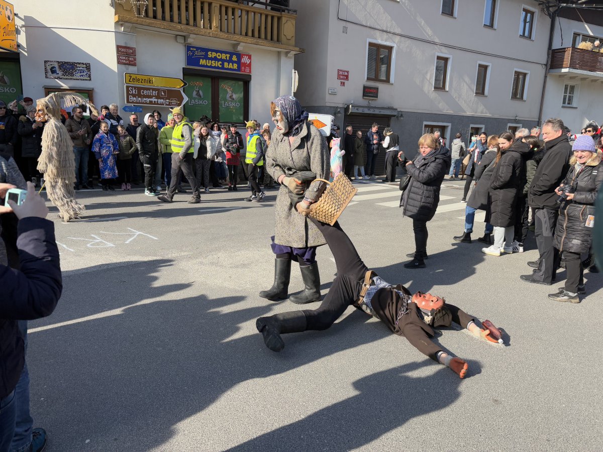 the Drunk Man is physically dragged around by his angry Wife..