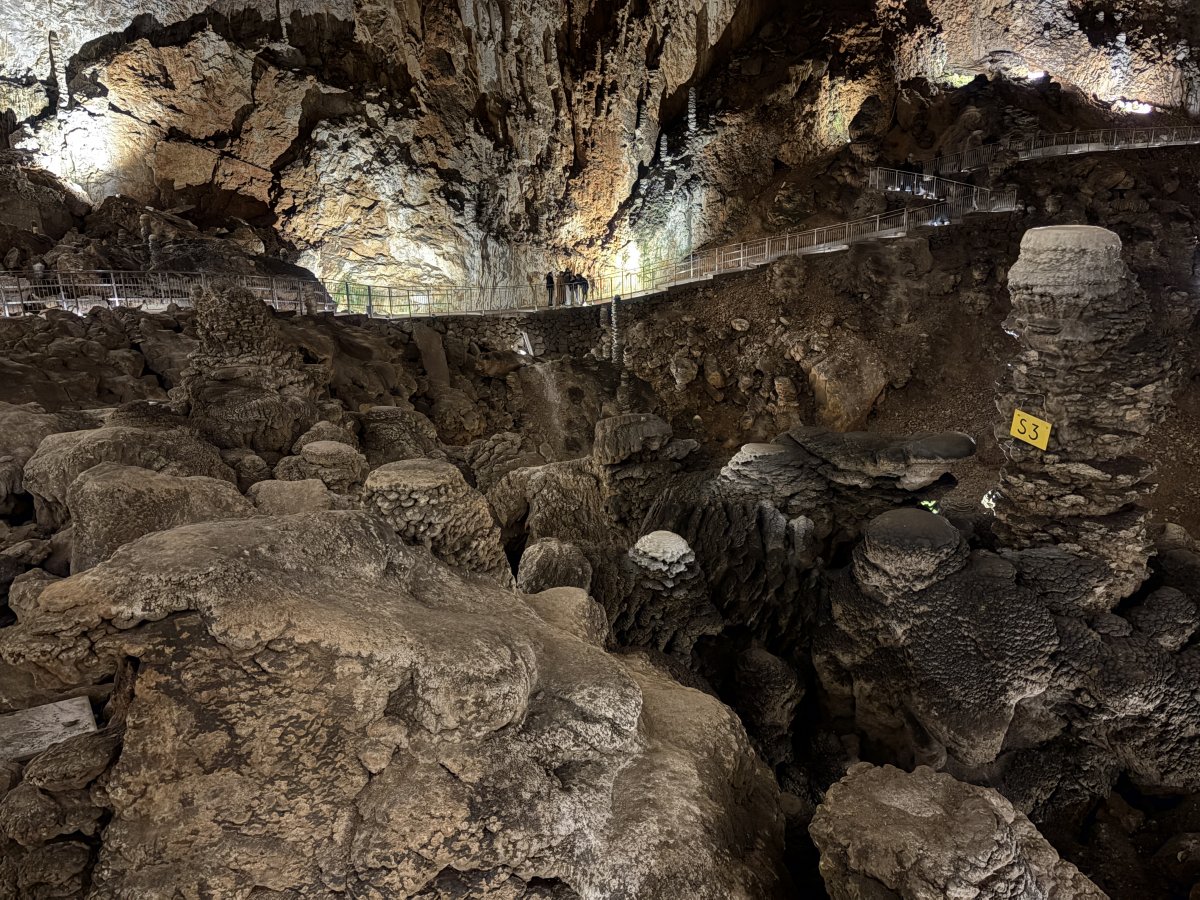 Excellent examples of pancake dripstones down here as the water falls from such a great height from the roof of the cave almost 100 metres above..