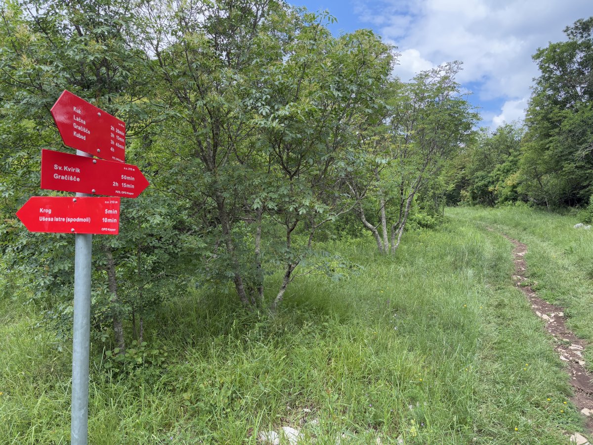 This is the turn 10 mins from the EARS Spodmoli, for the forest path back to the church Sv Kvirik, 50 mins..