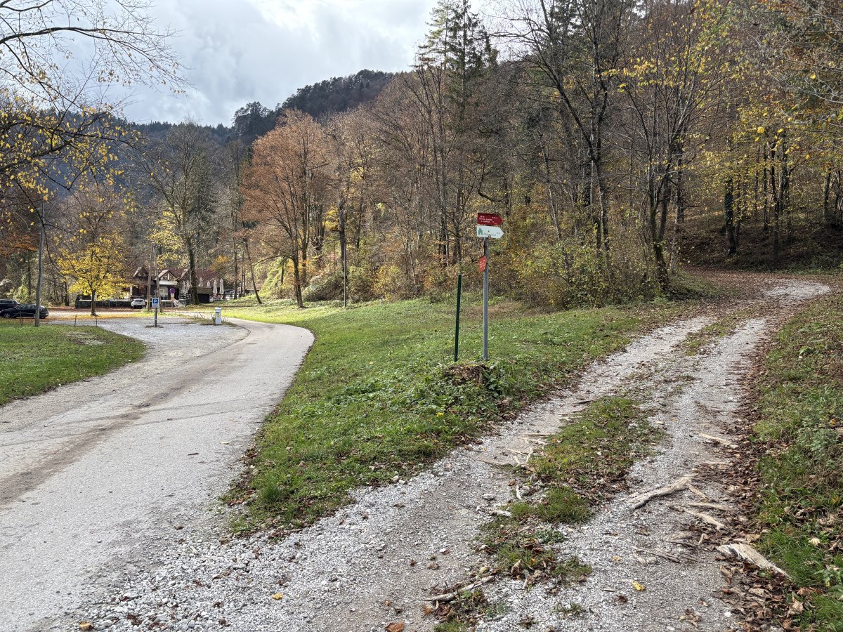 Iski Vintgar Gorge restaurant, car park and the mountain track leading to the Partisan Hospital and Mt Krim..