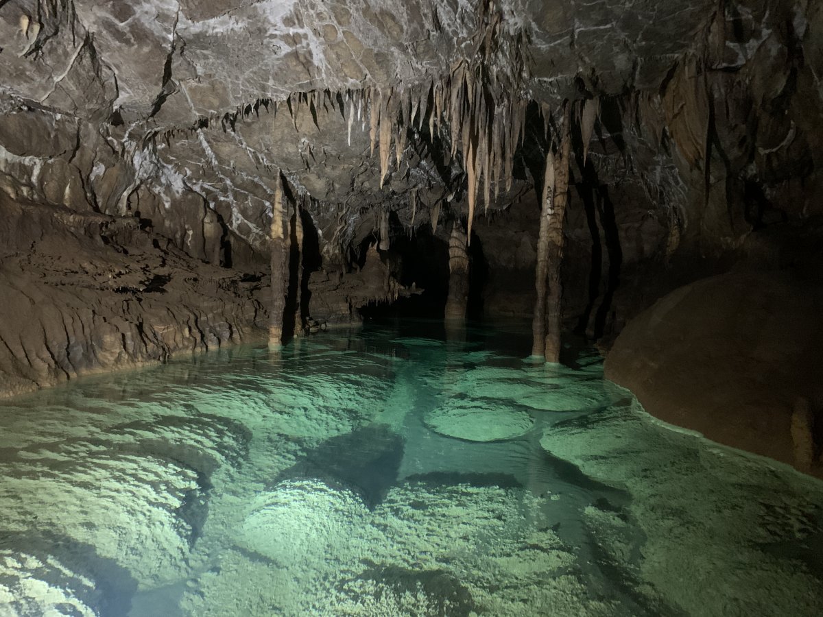 You will be paddling along here on the 7 hour Krizna Cave adventure..